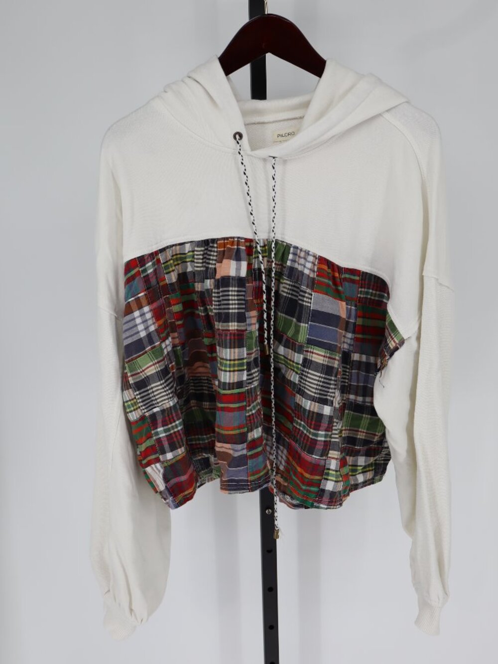 Pilcro patchwork plaid and knit twofer hooded sweatshirt Women's Size Large